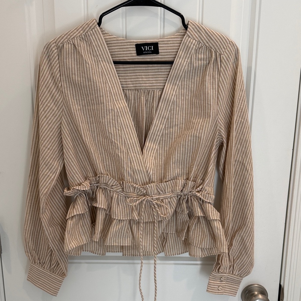 Vici Tan Striped Ruffle Blouse